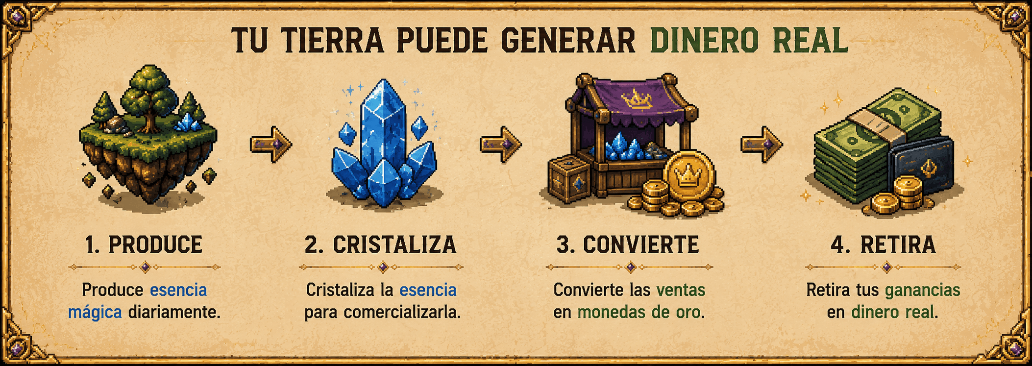 Tu tierra puede generar dinero real: 1. Produce esencia mágica diariamente, 2. Cristaliza la esencia para comercializarla, 3. Convierte las ventas en monedas de oro, 4. Retira tus ganancias en dinero real.